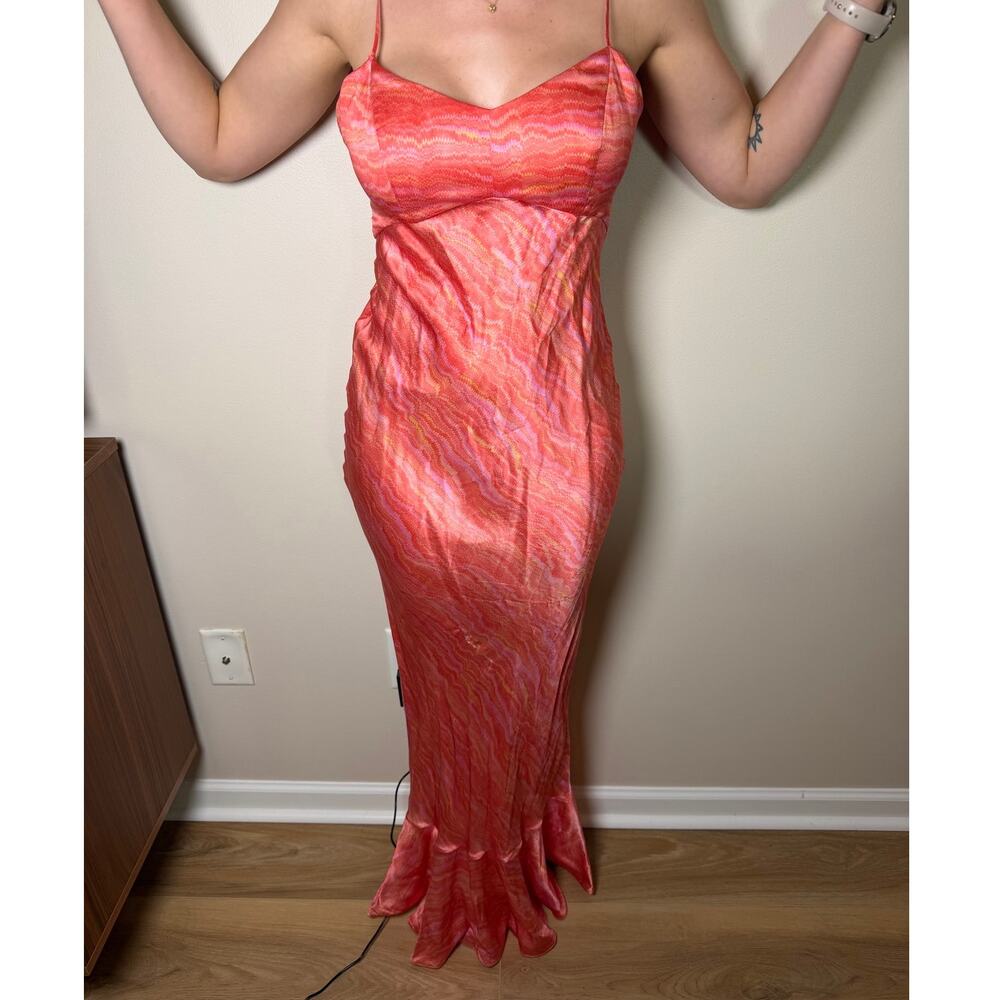 SALONI 100% Silk Mimi Maxi Dress Salmon Marbling Slip Style Size 4 FLAWED